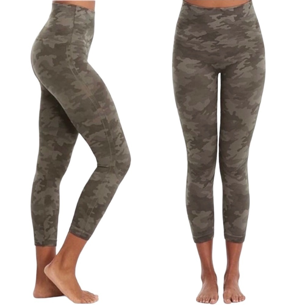 Spanx Look At Me Now Cropped Leggings Green Camo High Waist Seamless Slimming